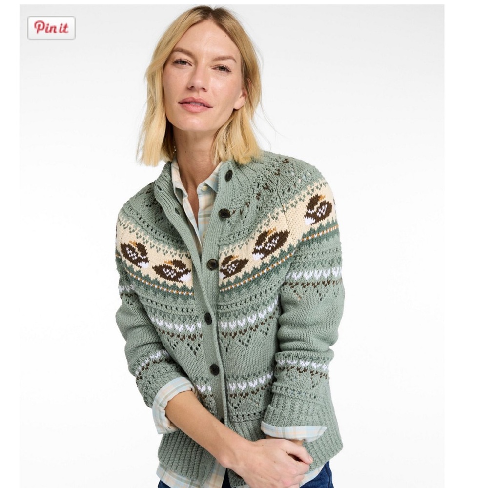 L.L. Bean Rose and Cream Fair Isle Button Cardigan - Picture 9 of 10